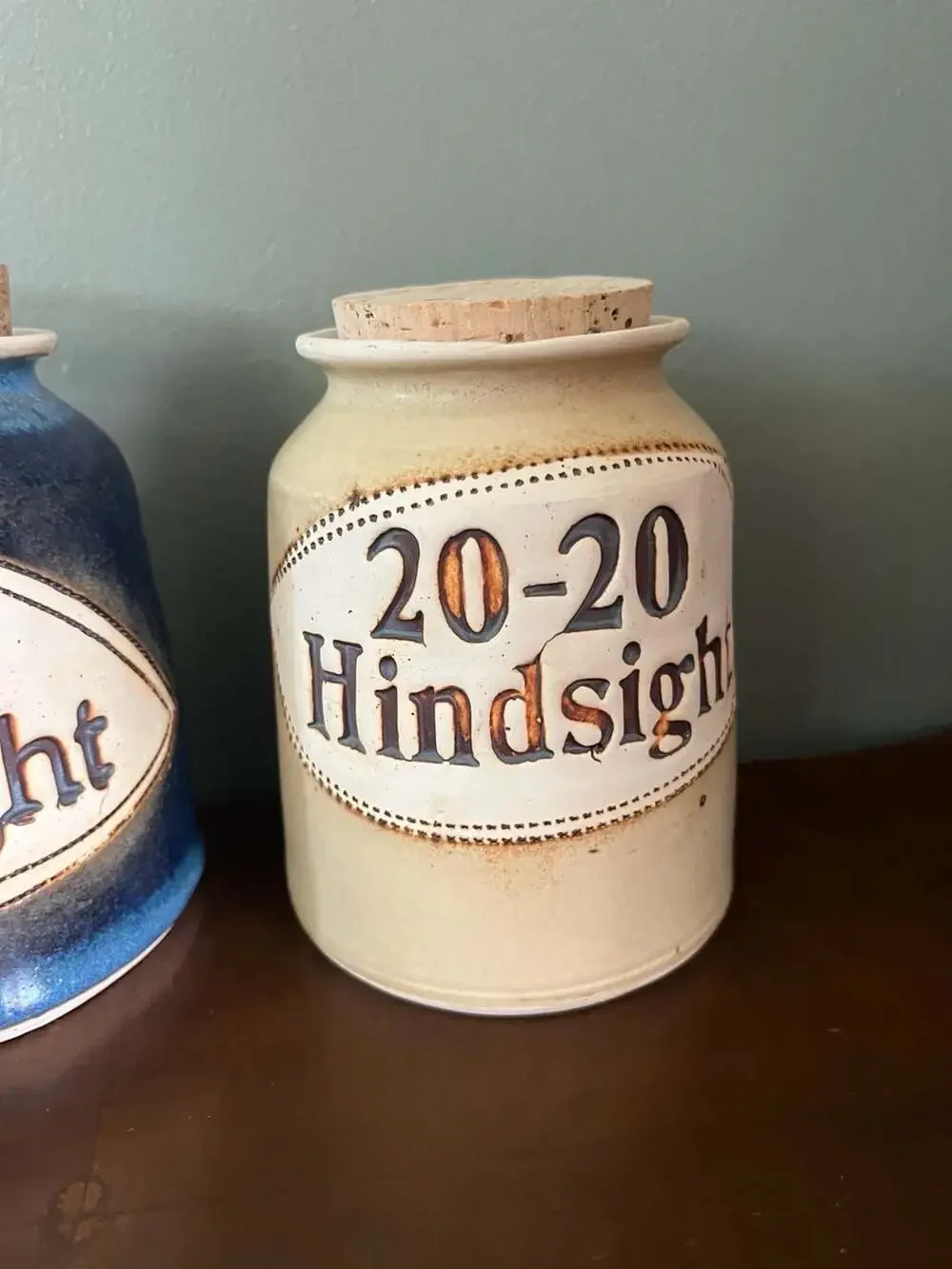 Set of 2 Artisan Ceramic 20-20 Hindsight Storage Jars with Cork Lids